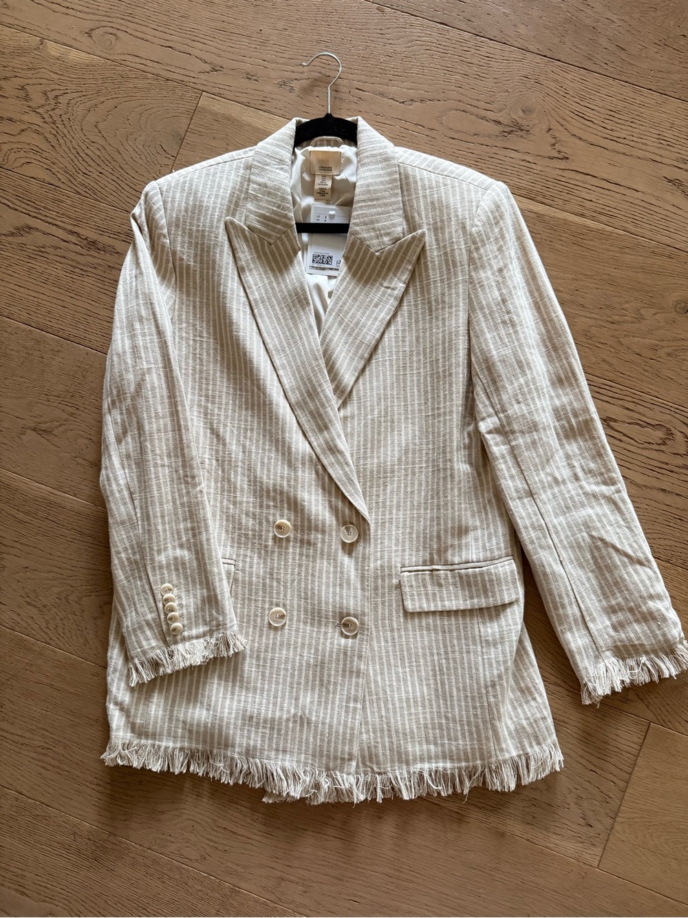 Womens Cream and White Striped Double-Breasted Fringe Blazer